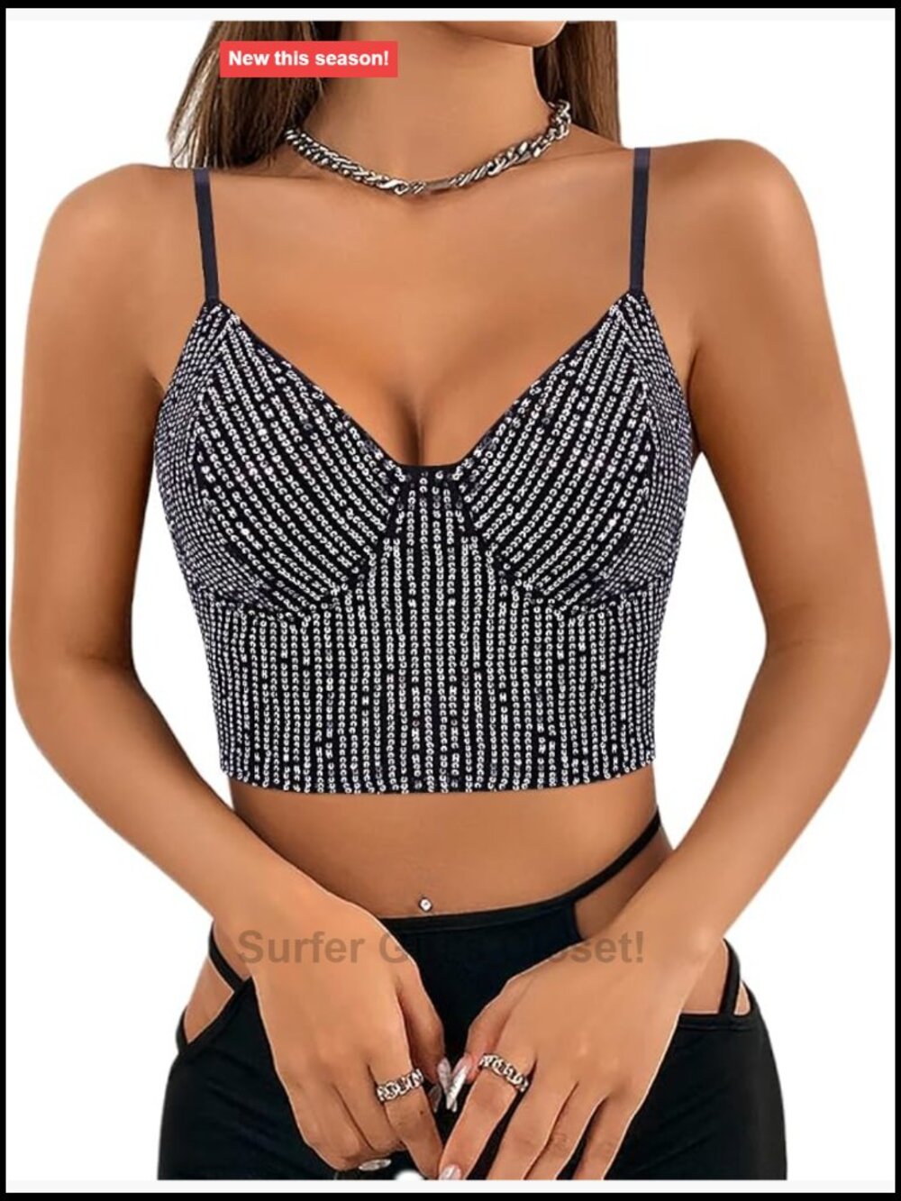 Sequin Crop Top V-Neck Spaghetti Strap Sleeveless Rhinestone Tassel Sparkly